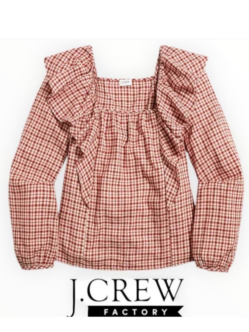 J. Crew Factory Red and White Gingham Ruffle Square-Neck Top